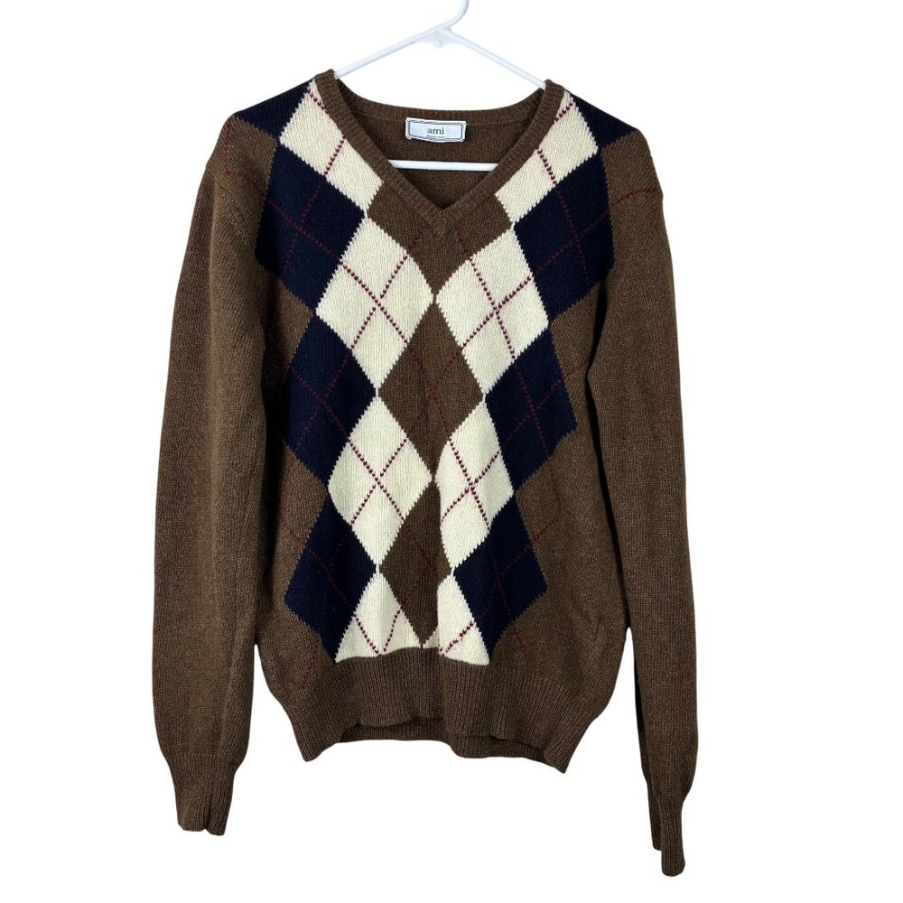 AMI Paris Alexandre Mattiussi 100% Pure Wool Argyle V-Neck Sweater Camel Men's M